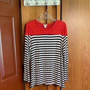 Women’s Red Yoke Black & White Striped Long-Sleeve Tee
